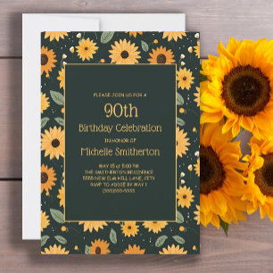 Yellow Sunflowers Black 90th Birthday  Invitation