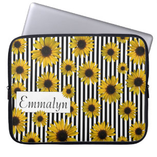 Yellow Sunflowers Black Stripe Personalised Design Laptop Sleeve