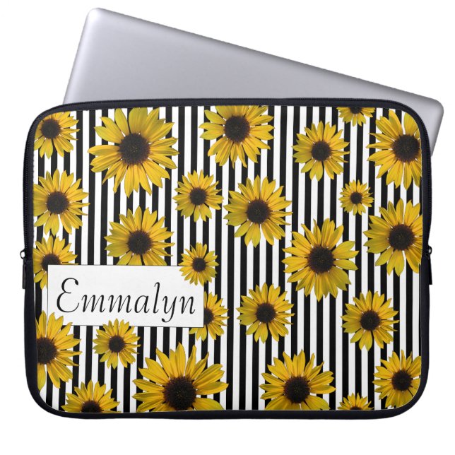 Yellow Sunflowers Black Stripe Personalised Design Laptop Sleeve (Front)