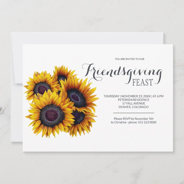 Yellow Sunflowers Bouquet Navy Friendsgiving Feast Invitation (Front)