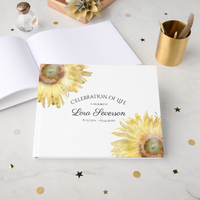 Yellow Sunflowers Celebration of Life Memorial Guest Book (Front Open)