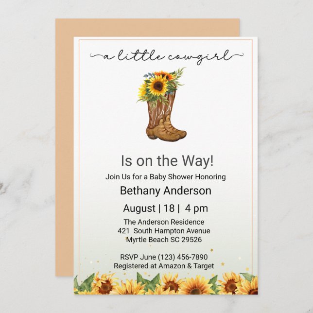Yellow Sunflowers Cowgirl on the Way Baby Shower Invitation (Front/Back)