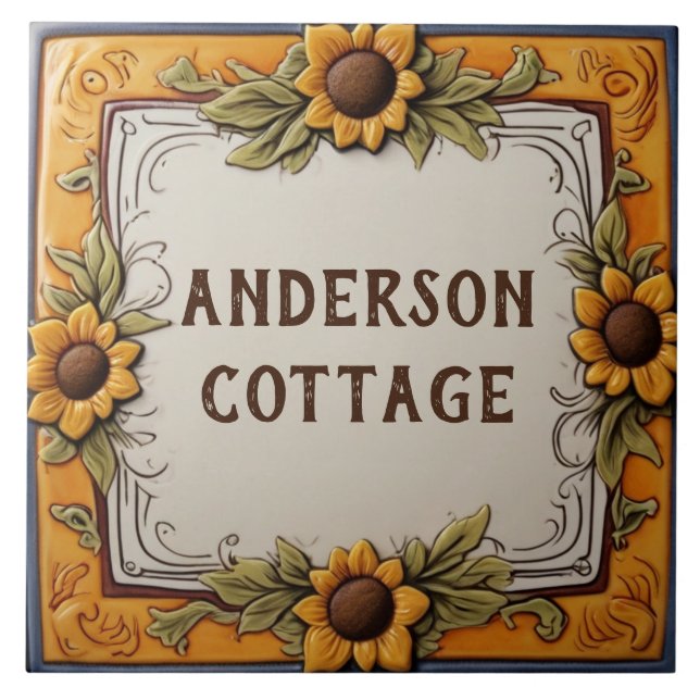 Yellow Sunflowers Custom House Name Plate Plaque Ceramic Tile (Front)