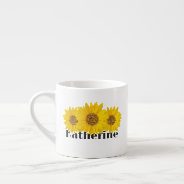 Yellow Sunflowers Custom Name Floral Espresso Cup (Left)