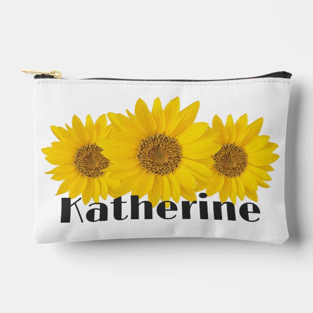 Yellow Sunflowers Custom Name White Accessory Pouch (Front)