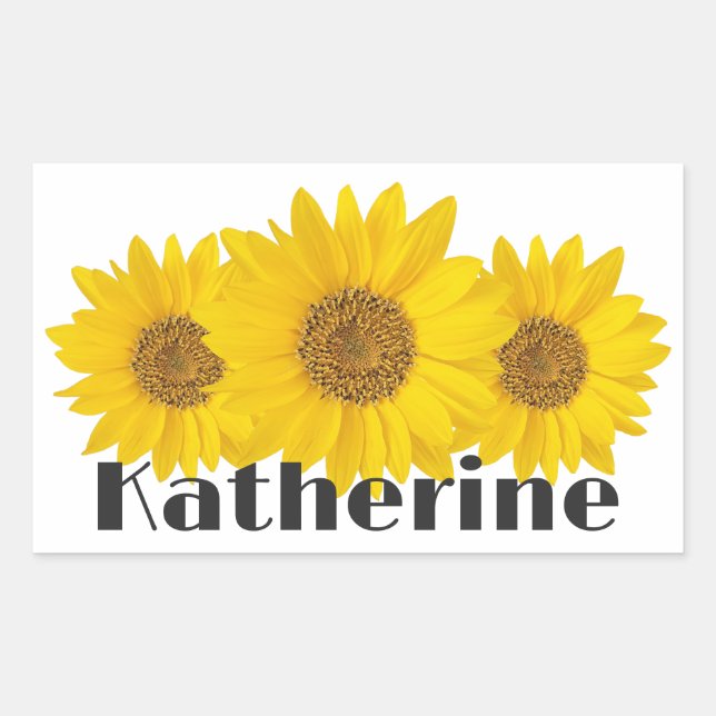 Yellow Sunflowers Custom Name White Rectangular Sticker (Front)