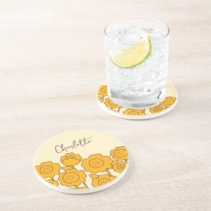 Yellow Sunflowers Customisable Name Coaster