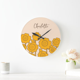 Yellow Sunflowers Customisable Name Large Clock