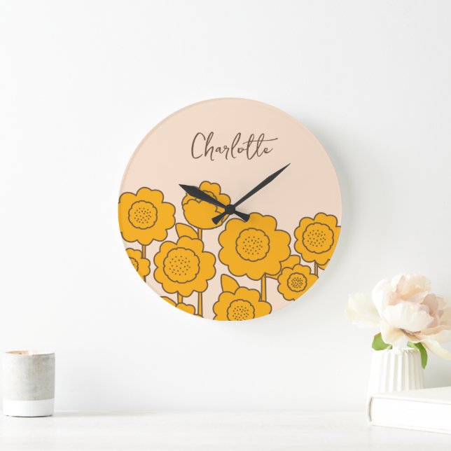  Yellow Sunflowers Customisable Name     Large Clock (Home)