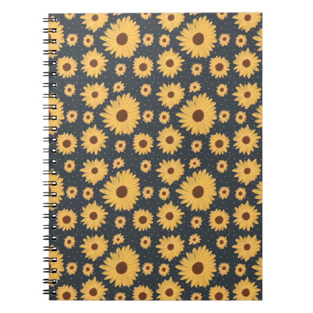 Yellow Sunflowers Dark Blue Pattern Notebook (Front)