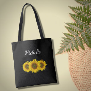 Yellow Sunflowers Elegant Floral Modern Black  Tote Bag