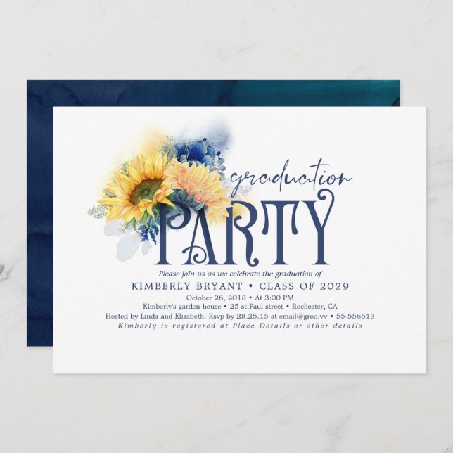 Yellow Sunflowers Elegant Navy Blue Graduation Invitation (Front/Back)