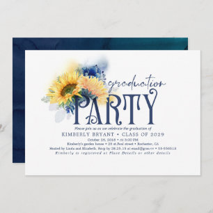 Yellow Sunflowers Elegant Navy Blue Graduation Invitation