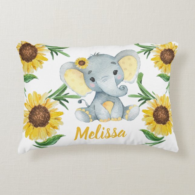 Yellow sunflowers elephant girl Custom name Pillow (Front)