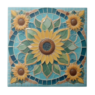 Yellow Sunflowers Faux Mosaic Aqua Blue Ceramic Tile