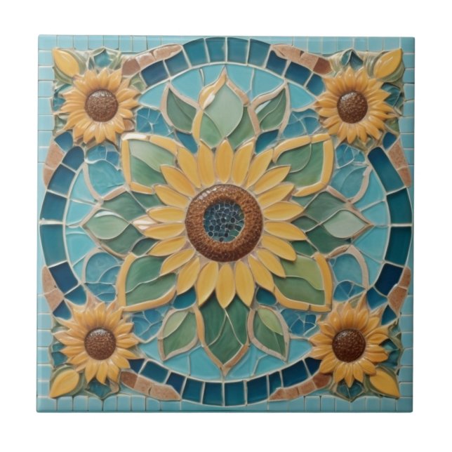 Yellow Sunflowers Faux Mosaic Aqua Blue Ceramic Tile (Front)