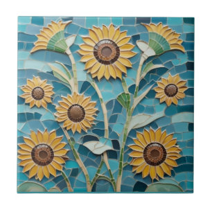 Yellow Sunflowers Faux Mosaic Aqua Blue Ceramic Tile