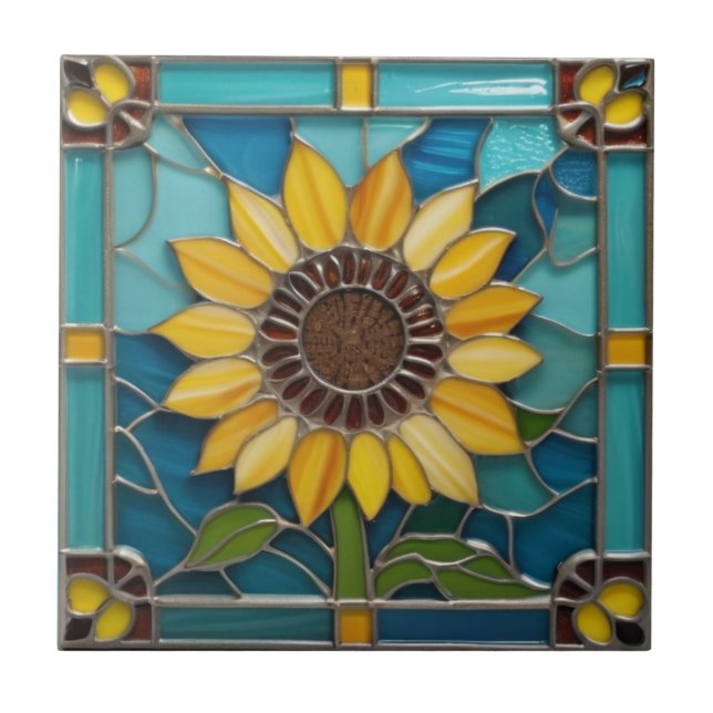 Yellow Sunflowers Faux Stained Glass Aqua Blue Ceramic Tile (Front)