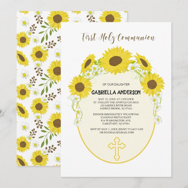 Yellow Sunflowers First Holy Communion Invitation (Front/Back)