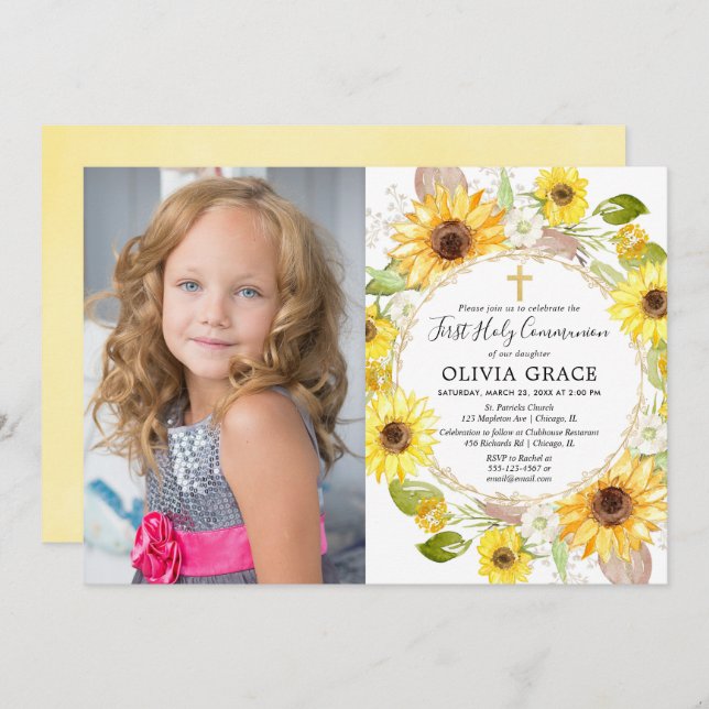 Yellow sunflowers First Holy Communion photo Invitation (Front/Back)