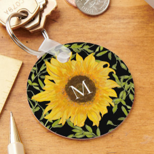 Yellow Sunflowers Floral custom monogram black Key Ring