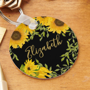 Yellow Sunflowers Floral custom name black Key Ring