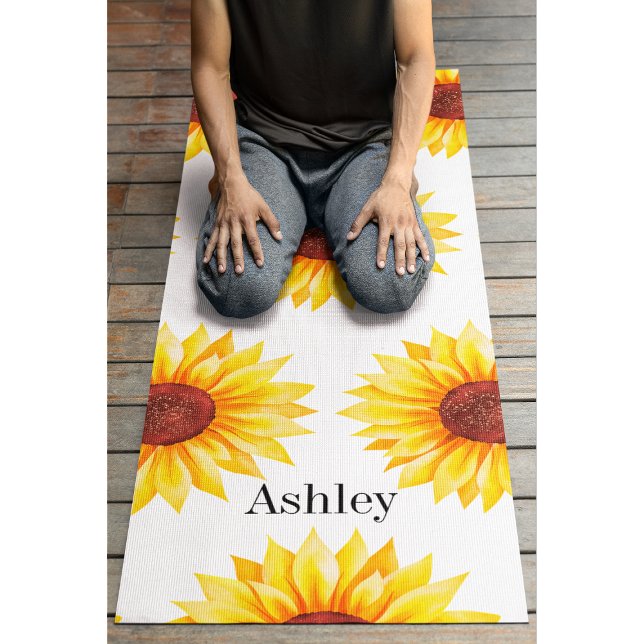 Yellow Sunflowers Floral Pattern White Yoga Mat (Creator Uploaded)