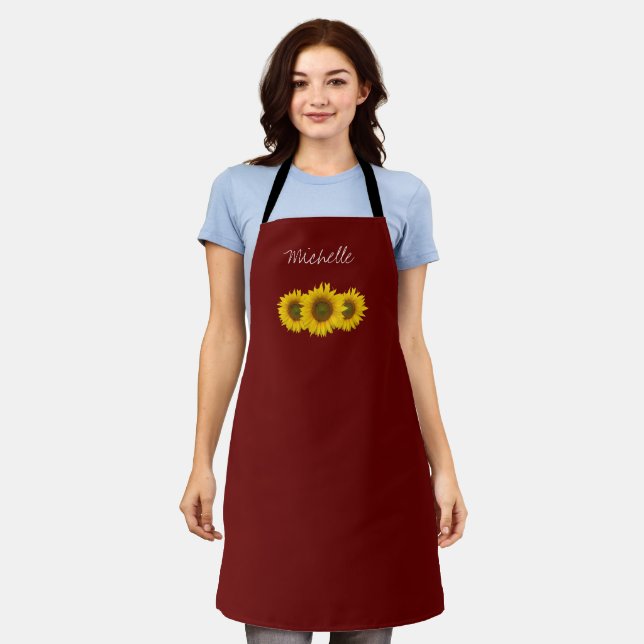 Yellow Sunflowers Floral Red Personalised Apron (Worn)