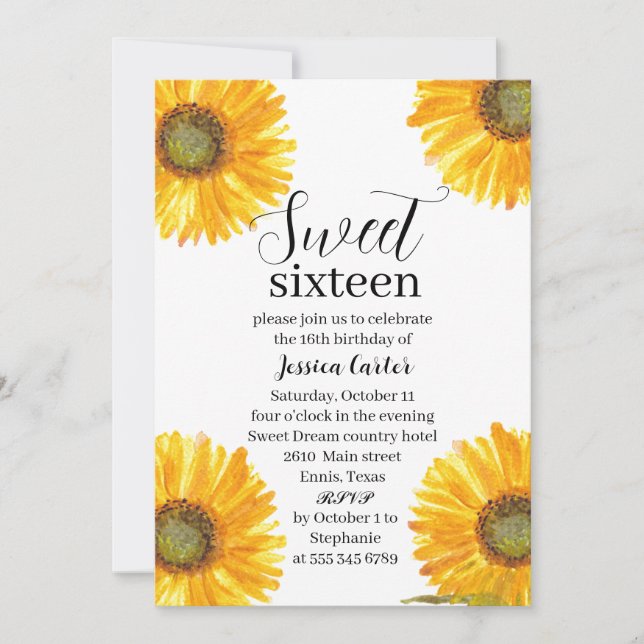 Yellow Sunflowers Floral Sweet 16 Birthday Party Invitation (Front)