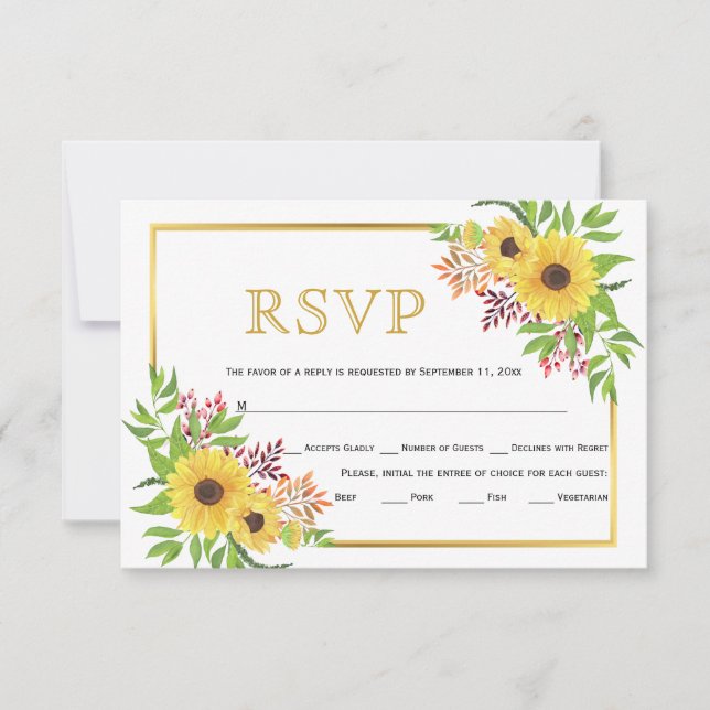Yellow sunflowers, gold frame wedding RSVP card (Front)