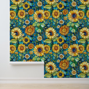 Yellow sunflowers, green leaves, Klimt vibe Wallpaper