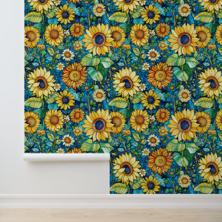 Yellow sunflowers, green leaves, Klimt vibe Wallpaper