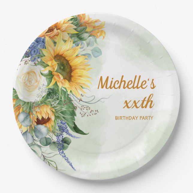 Yellow Sunflowers Green Leaves Woman's Birthday  Paper Plate (Front)
