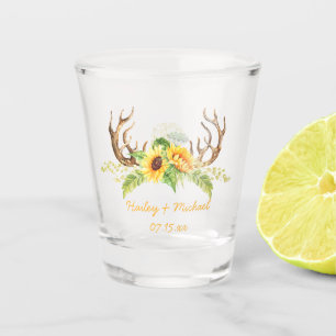 Yellow Sunflowers Greenery Antlers Wedding Favor Shot Glass