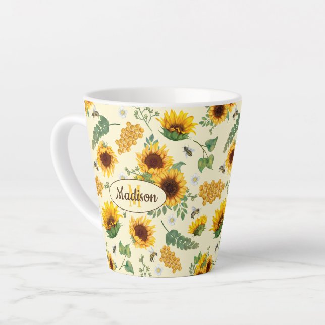 Yellow Sunflowers & Honey Bees Custom Latte Mug (Left Angle)