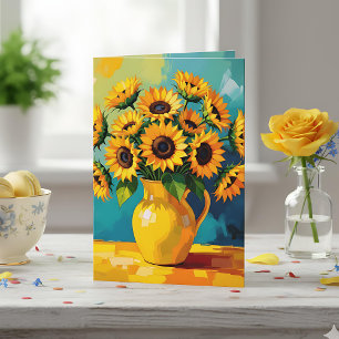 Yellow Sunflowers in a Vase in Impasto Style Holiday Card