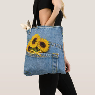Yellow Sunflowers in Blue Jean Pocket Tote Bag