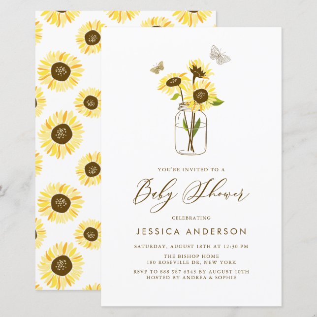 Yellow Sunflowers in Mason Jar Baby Shower Invite (Front/Back)