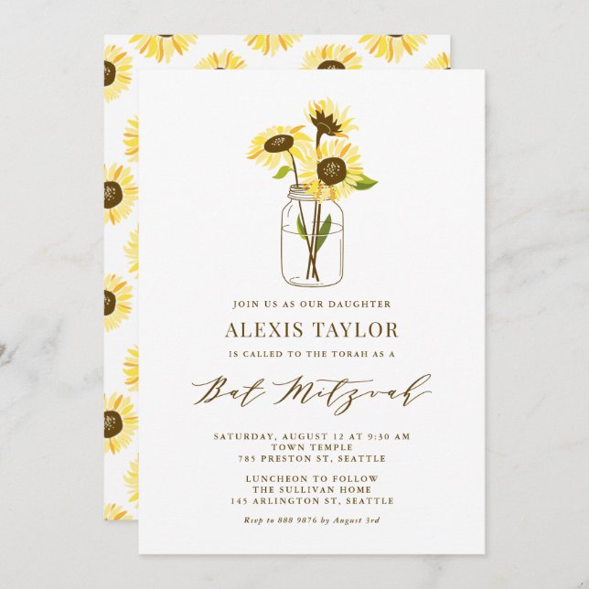 Yellow Sunflowers in Mason Jar Bat Mitzvah Invitation (Front/Back)
