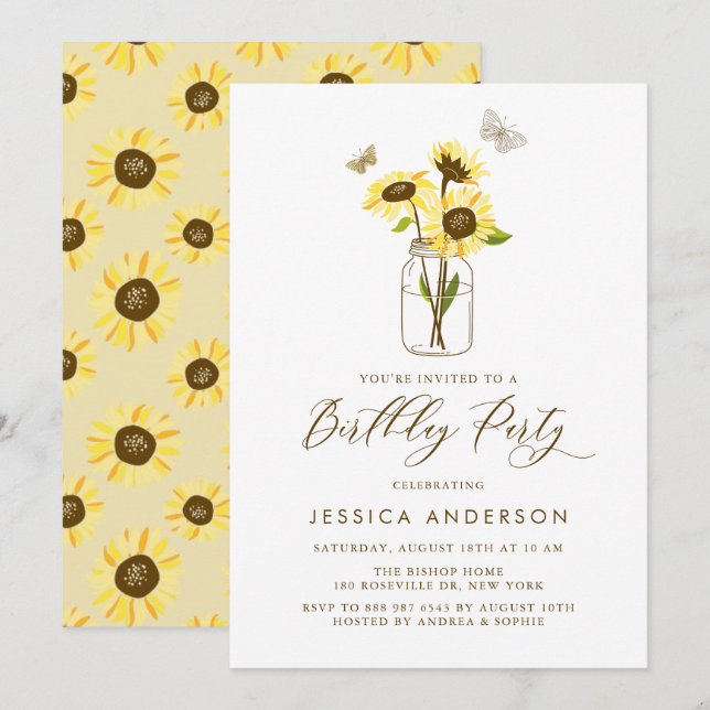Yellow Sunflowers in Mason Jar Birthday Party Invitation (Front/Back)