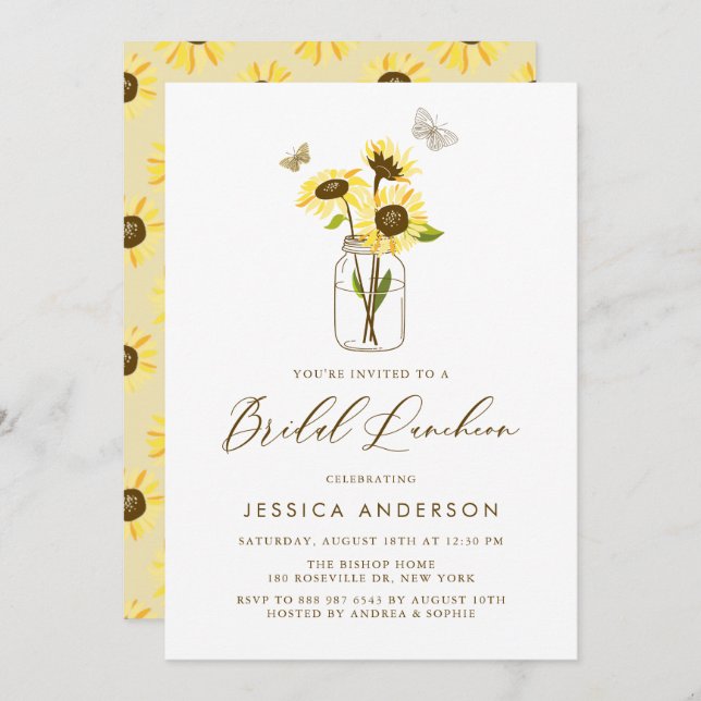Yellow Sunflowers in Mason Jar Bridal Luncheon Invitation (Front/Back)