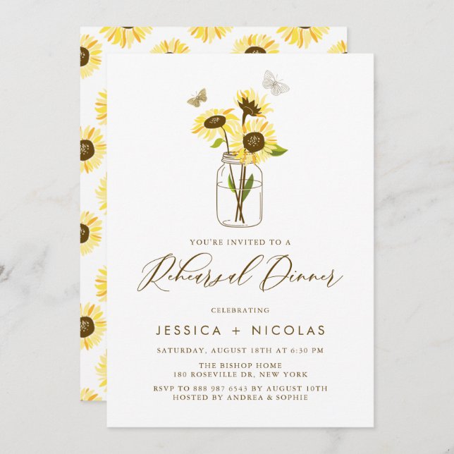Yellow Sunflowers in Mason Jar Rehearsal Dinner Invitation (Front/Back)