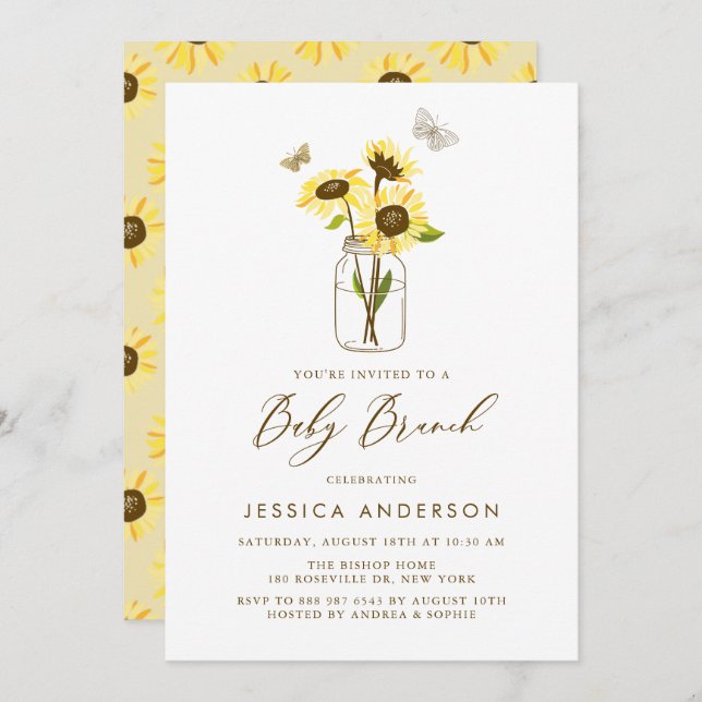 Yellow Sunflowers in Mason Jar Summer Baby Brunch Invitation (Front/Back)