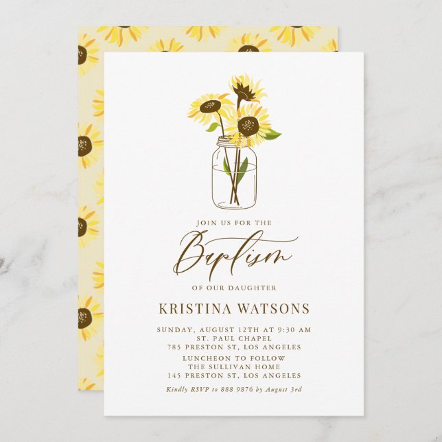 Yellow Sunflowers in Mason Jar Summer Baptism Invitation (Front/Back)