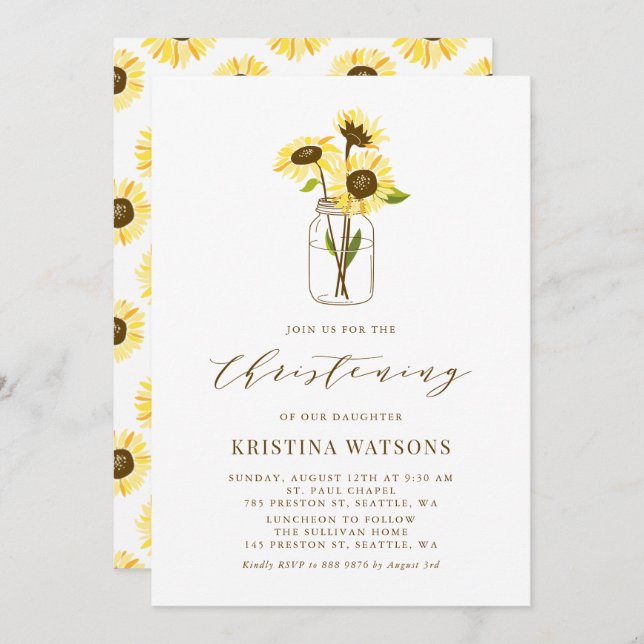 Yellow Sunflowers in Mason Jar Summer Christening Invitation (Front/Back)