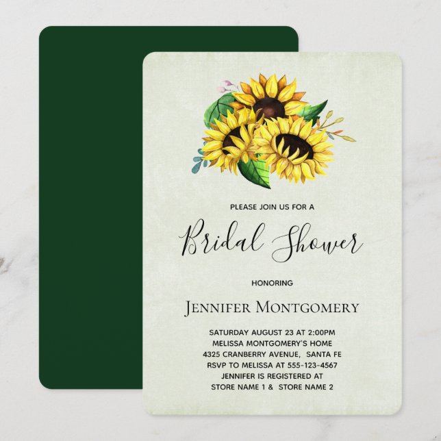 Yellow Sunflowers in Watercolor Bridal Shower Invitation (Front/Back)