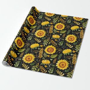 Yellow Sunflowers, Leaves and Plants Nature Wrapping Paper