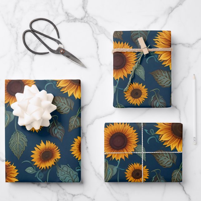 Yellow Sunflowers on a Blue Background Wrapping Paper Sheet (Front)