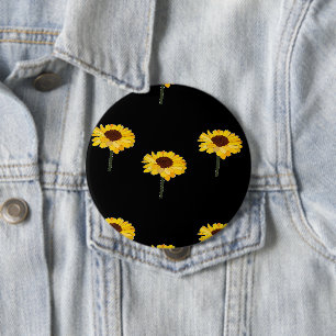 Yellow sunflowers on black 10 cm round badge