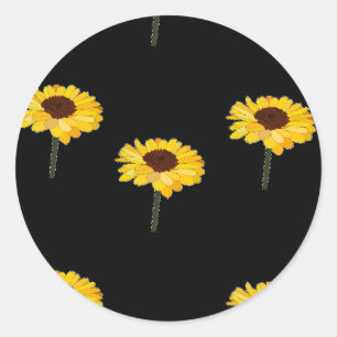Yellow sunflowers on black classic round sticker